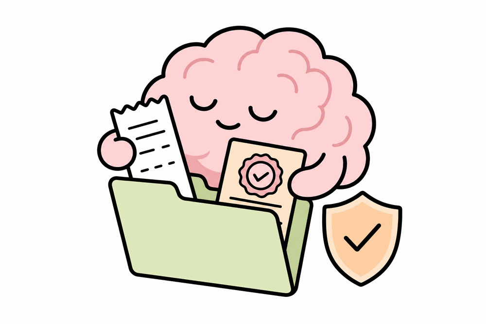 The SuperLazy brain mascot filing bills and warranty cards into a folder