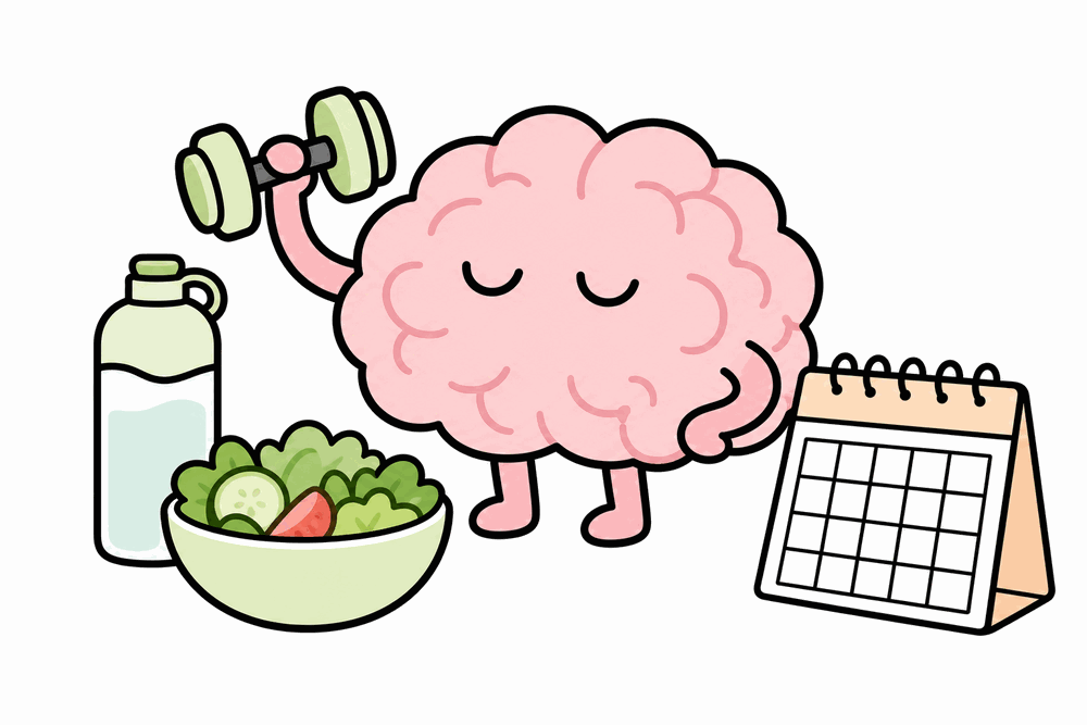 Fitness and healthy-eating tracking: dumbbell, water bottle, salad and a calendar streak
