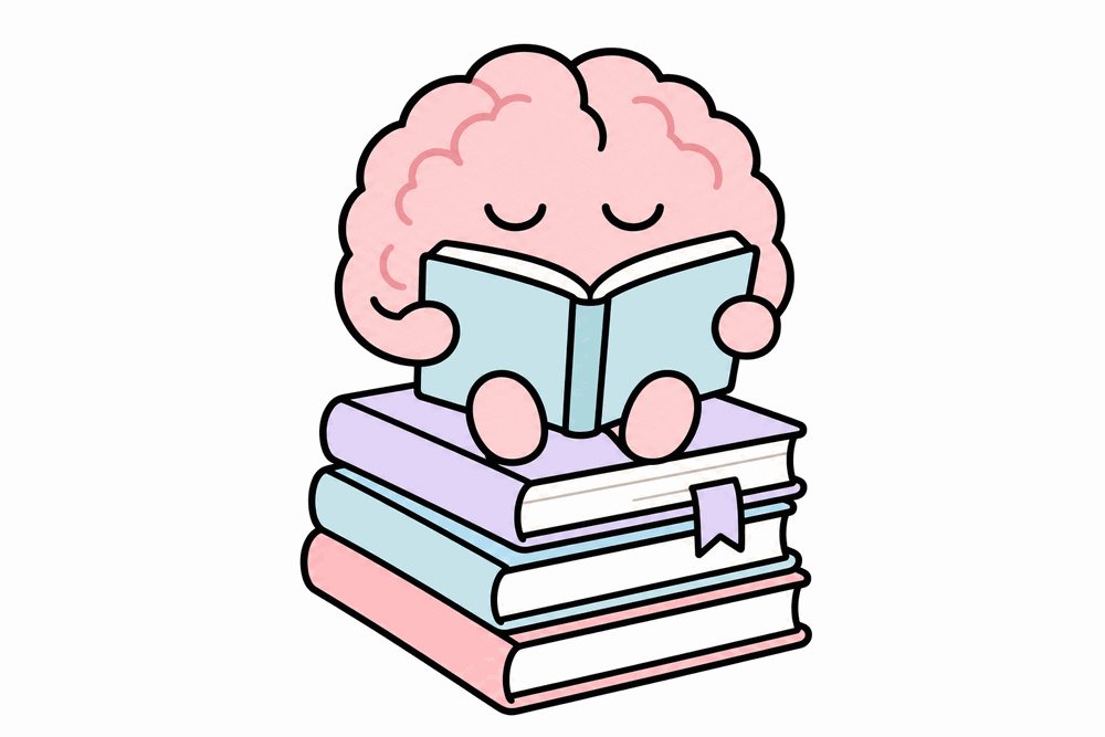 A stack of books with an open book and a cute brain — a daily reading habit