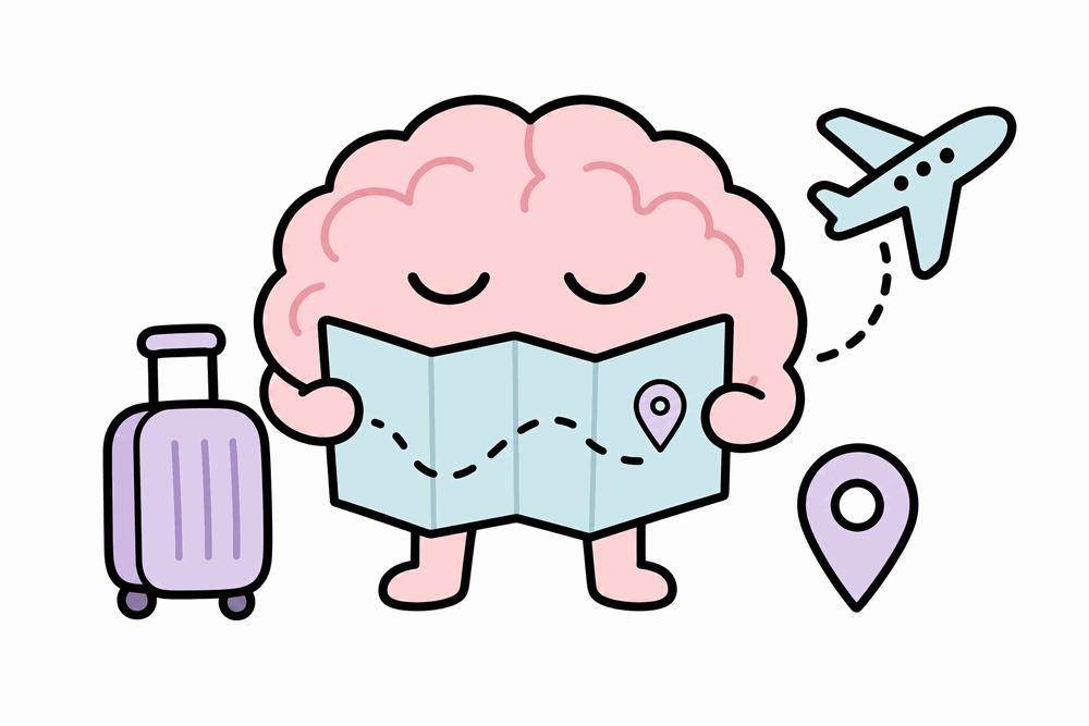 The SuperLazy brain mascot planning a trip with a suitcase, map and airplane